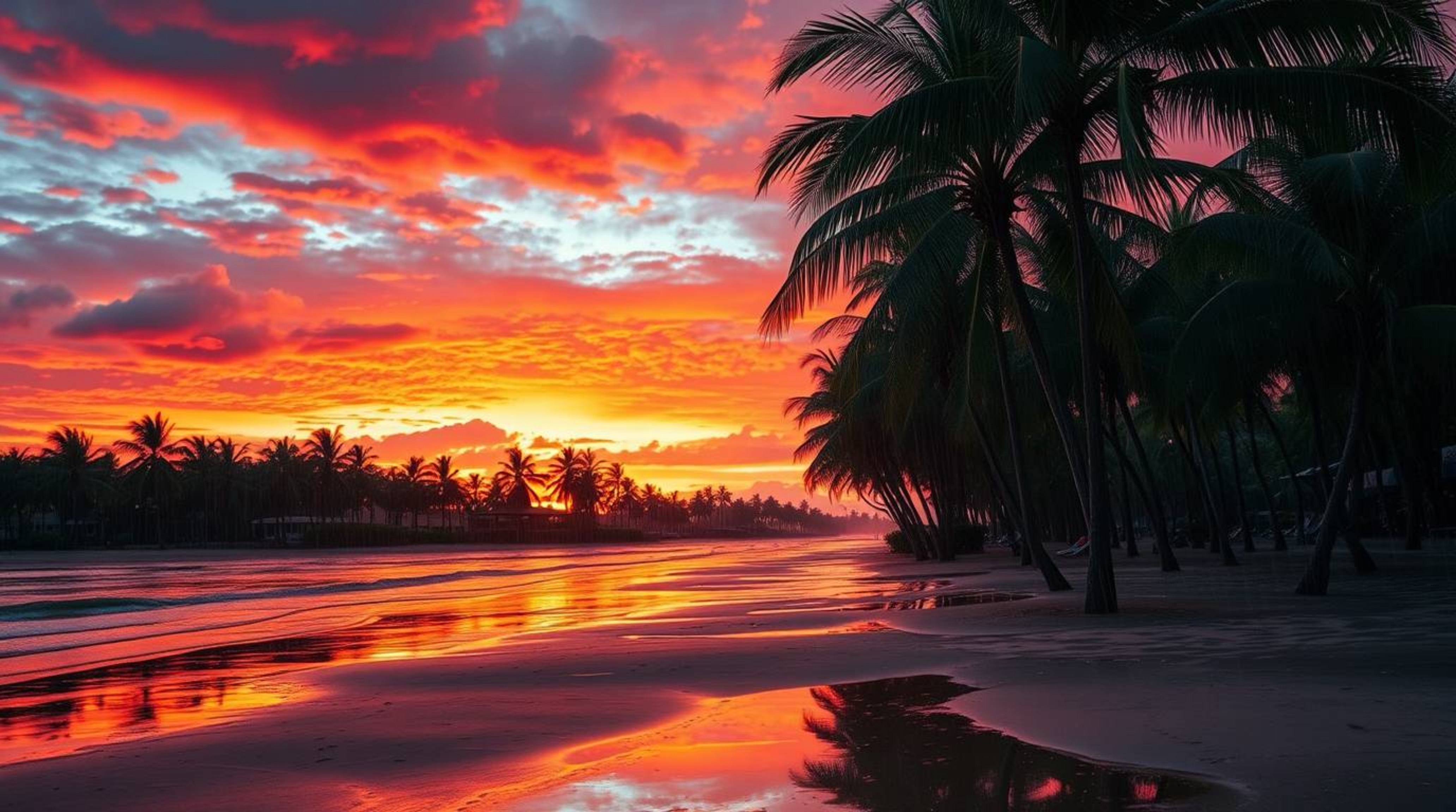 Experience a captivating tropical beach sunset where palm trees sway gently under a warm, drizzling rain. The sky explodes wi