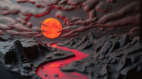 A captivating sculptural clay artwork depicts a winding river glowing mysteriously under a dramatic orange-pink sky.  The pie