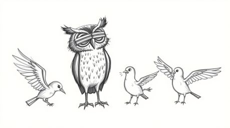 A hand-drawn sketch depicts a wise, blind owl in the style of Pixar, guiding birds on the art of flight.  The birds are activ