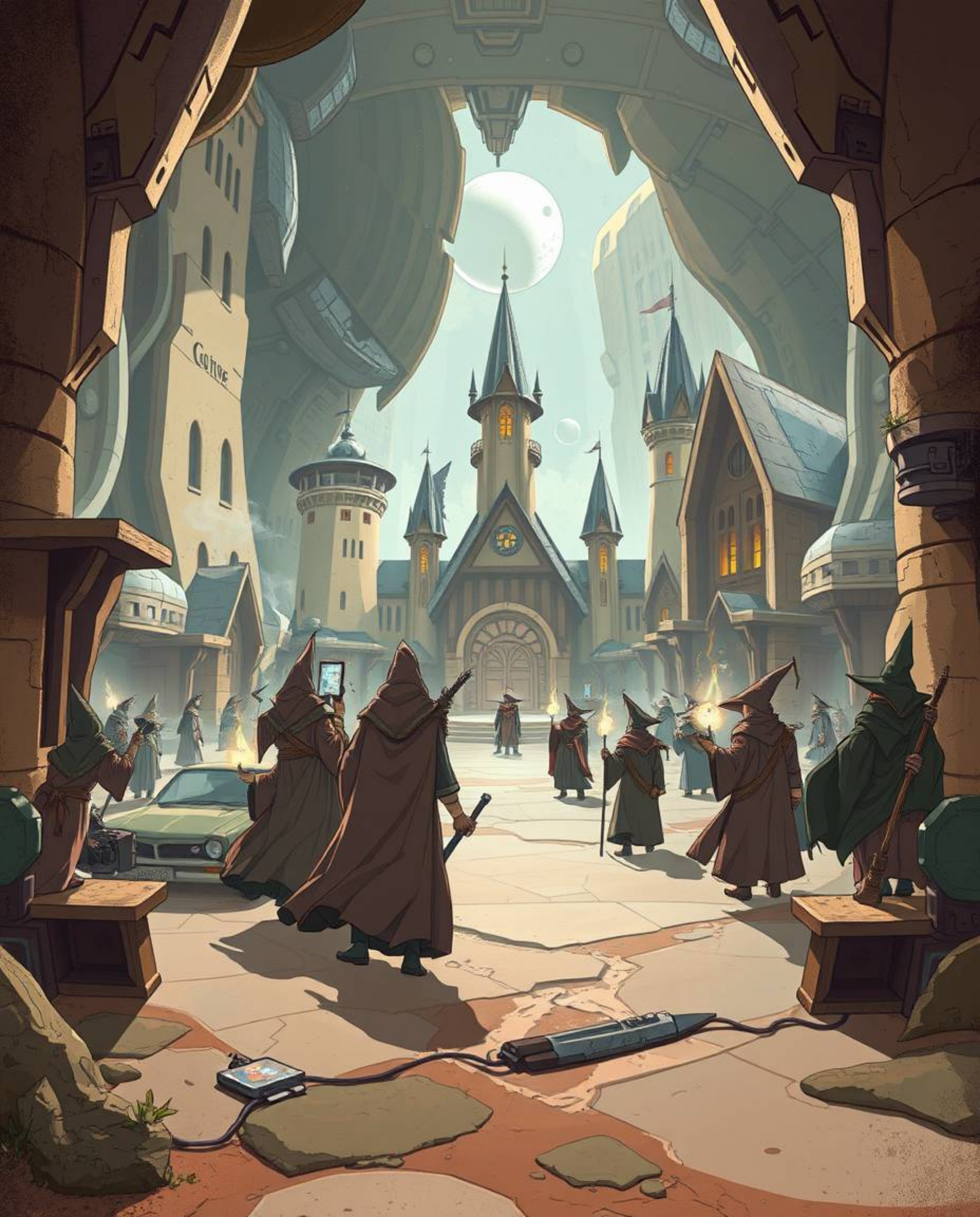 Immerse yourself in a futuristic sci-fi illustration of a magical school teeming with young wizards. Rendered in natural eart