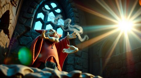A vibrant and detailed sculptural clay art piece depicting a classic Disney villain casting a spell within the walls of an ol