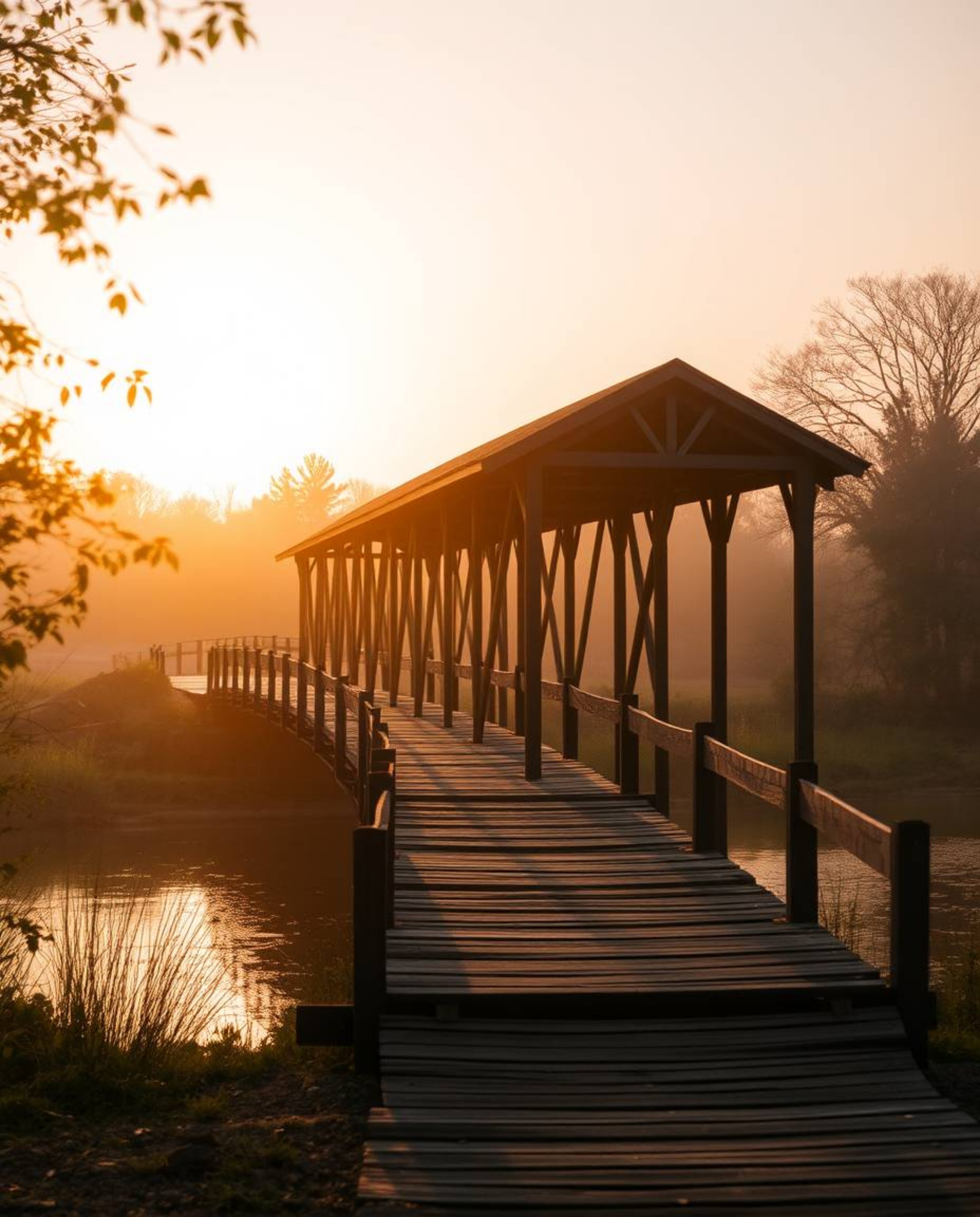 A graceful and elegant photograph captures an old wooden bridge over a river at sunset. The scene is enveloped in a soft cine