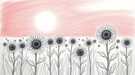A captivating hand-drawn sketch depicts a charming sunflower field bathed in the warm glow of a deep red and purple sunset.  
