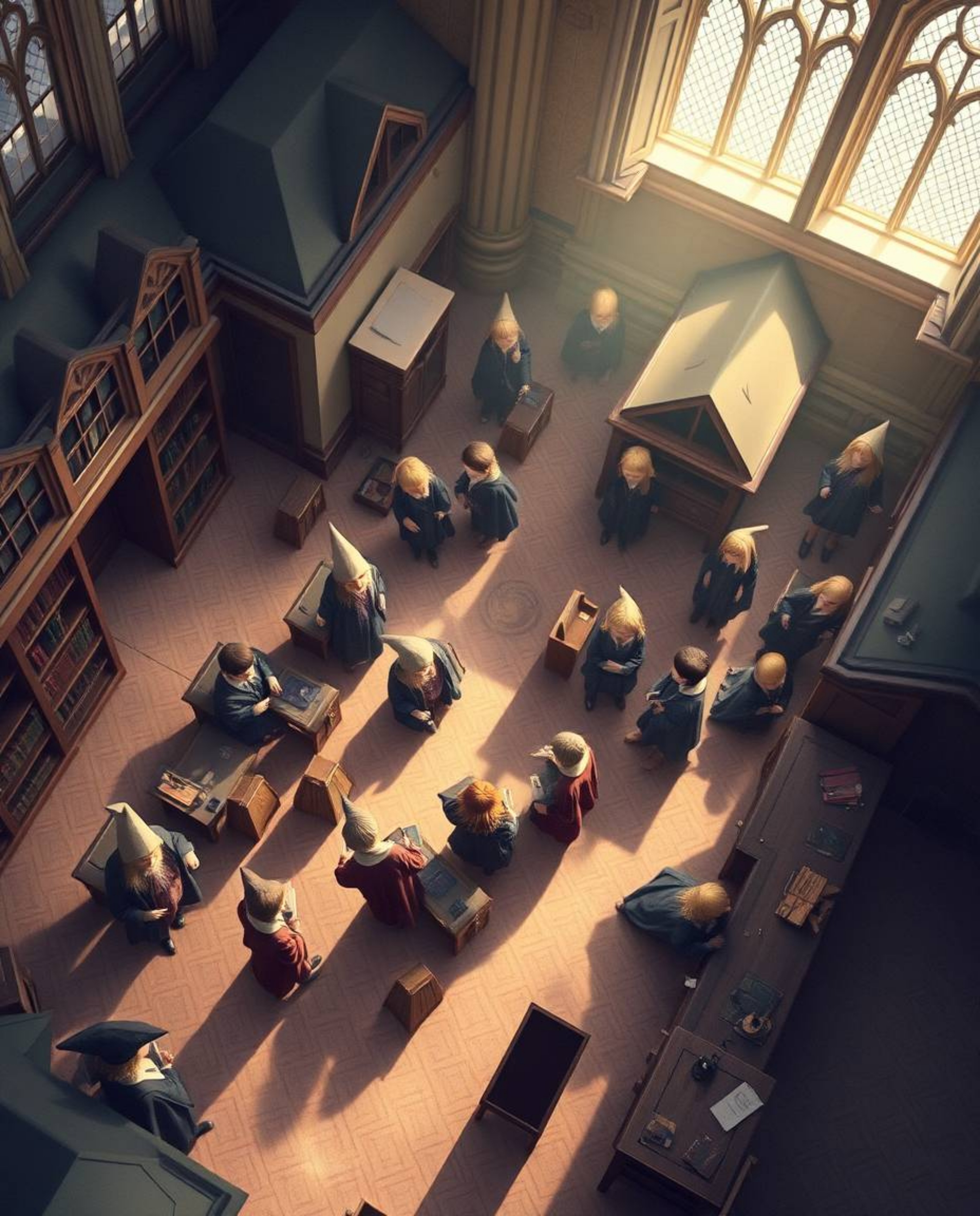 A soft pastel-colored overhead shot captures a magical school brimming with young wizards.  The image evokes a gentle and soo