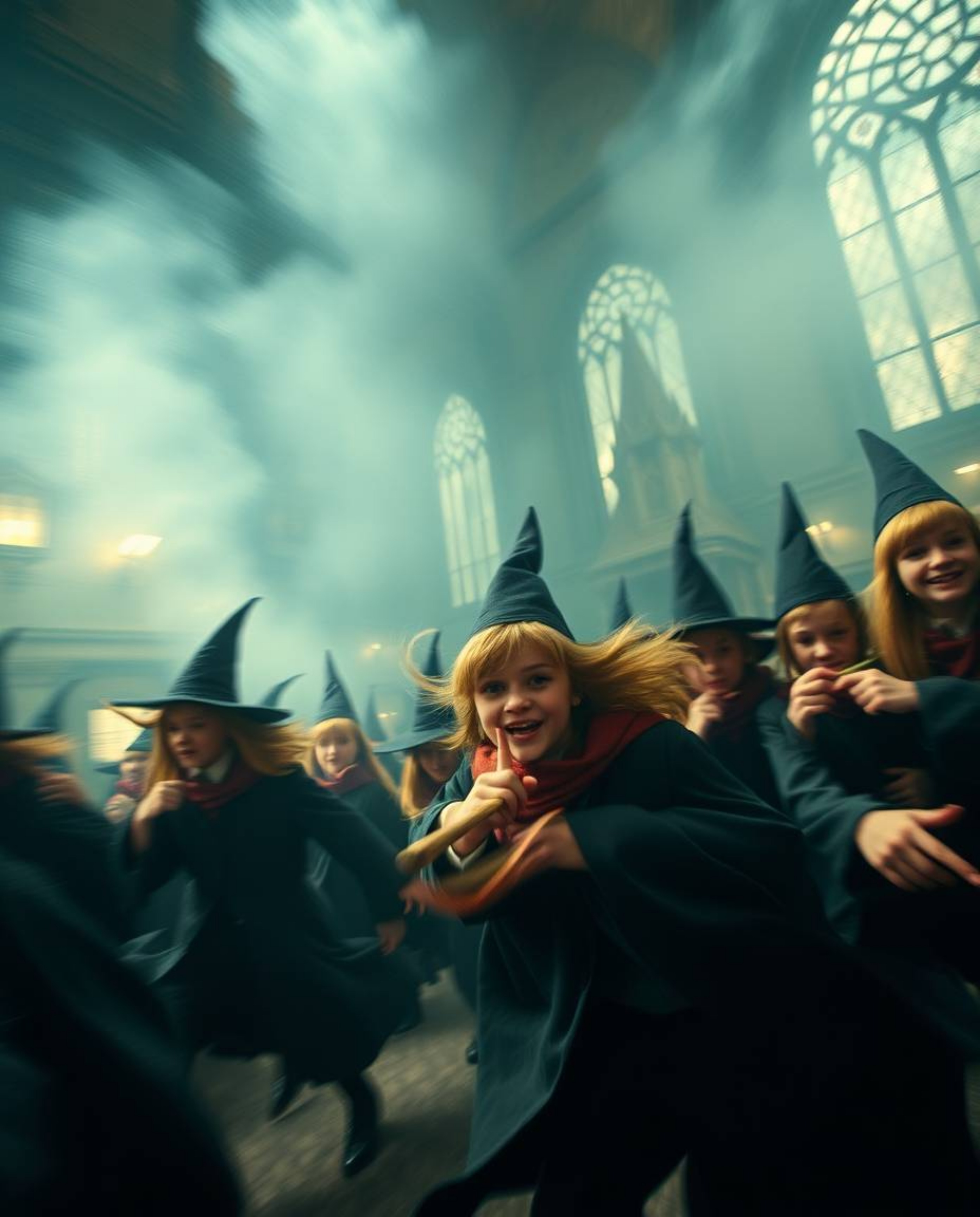 Explore a magical school teeming with young wizards, captured in a soft, cinematic haze with dynamic motion and blurred lines