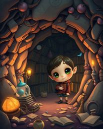 A charming person stumbles upon a hidden underground library in a dreamlike and surreal environment brimming with fantastical