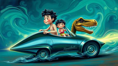 A prehistoric family with rosy cheeks and dark hair journeys in a sleek, chrome dinosaur car, bathed in a soft, ethereal ligh