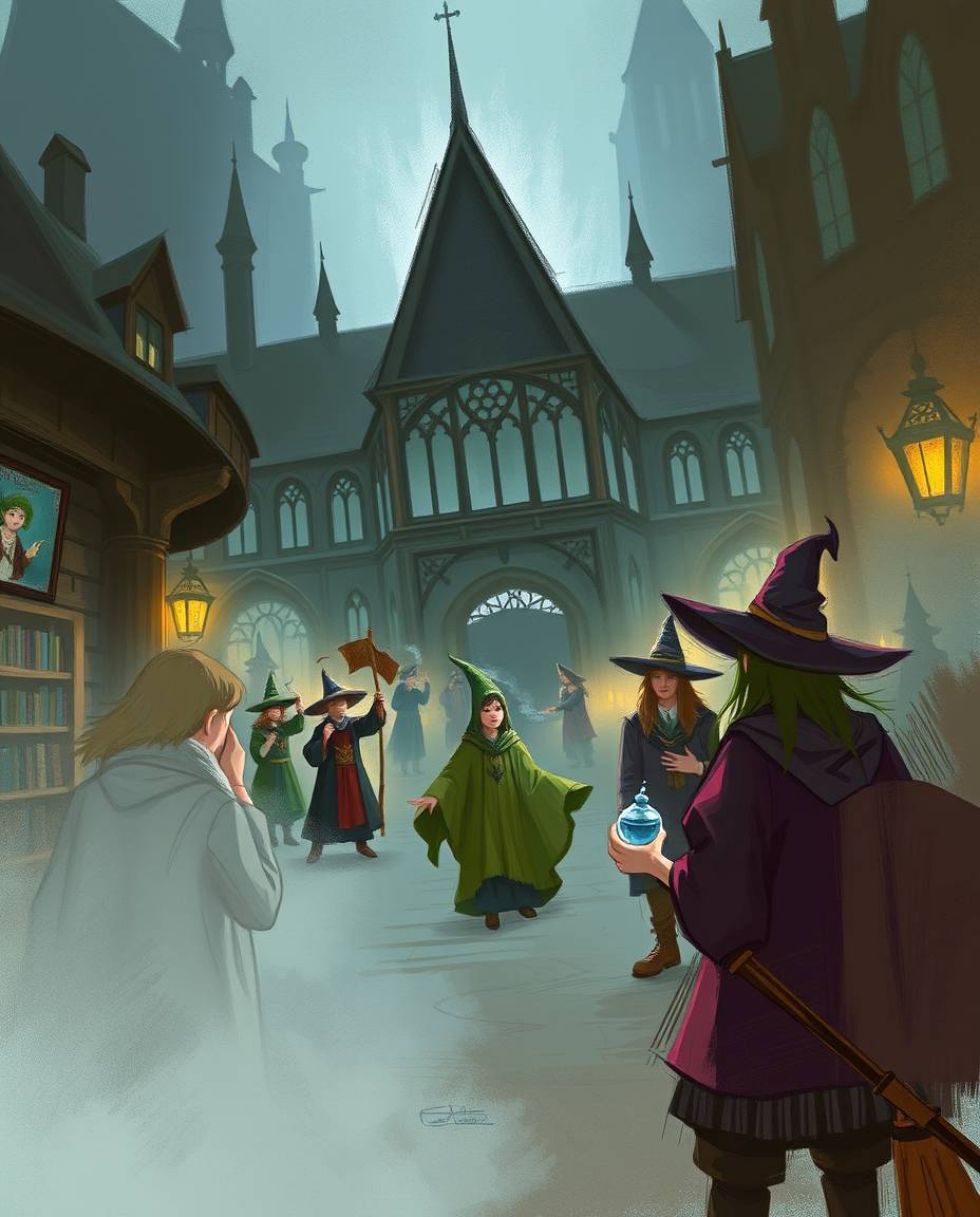 Explore a magical school teeming with young wizards through a dynamic digital sketch. This unfinished concept art piece featu