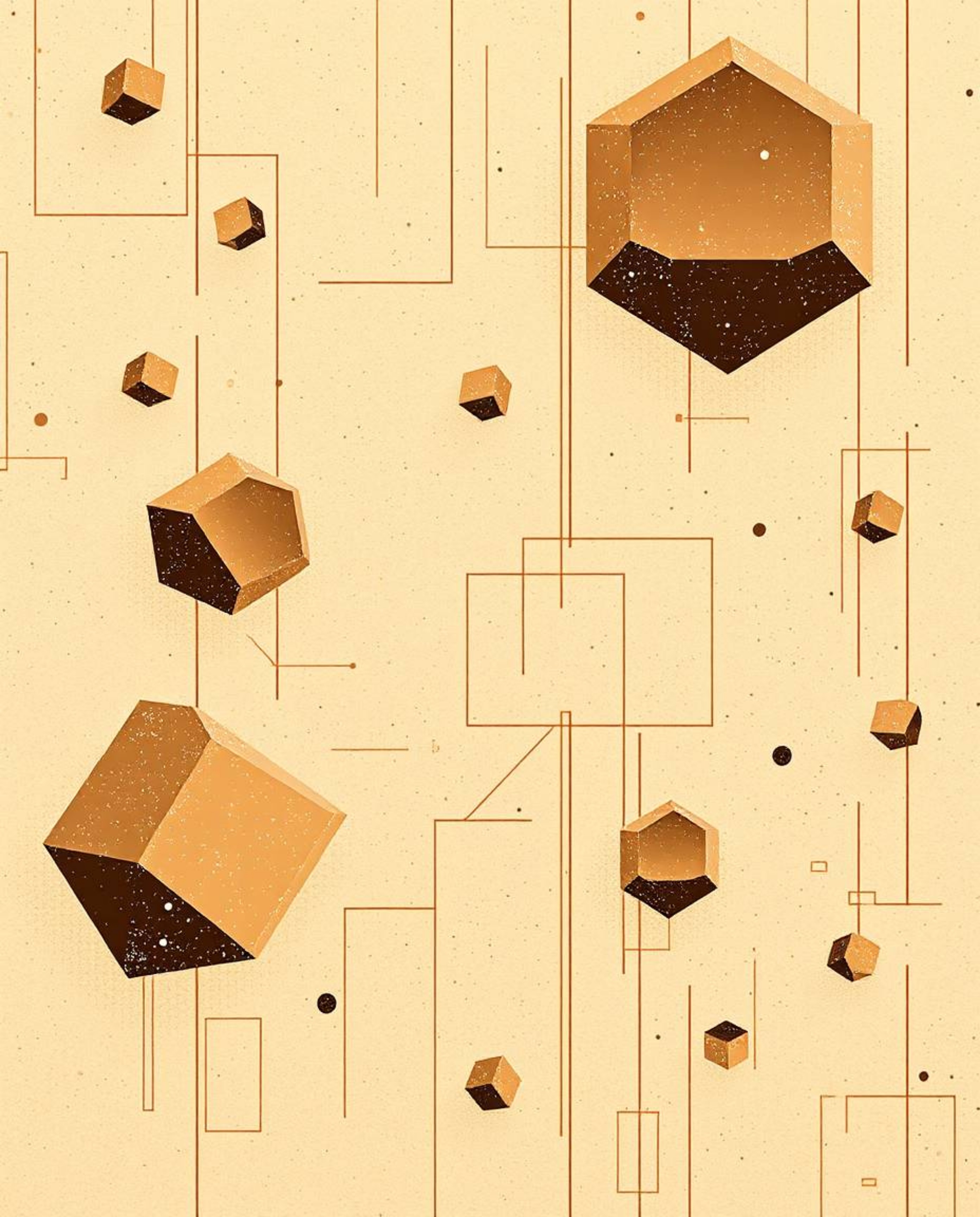 Explore a captivating visual landscape of natural earth tones and glitched geometric shapes floating in cyberspace.  This abs