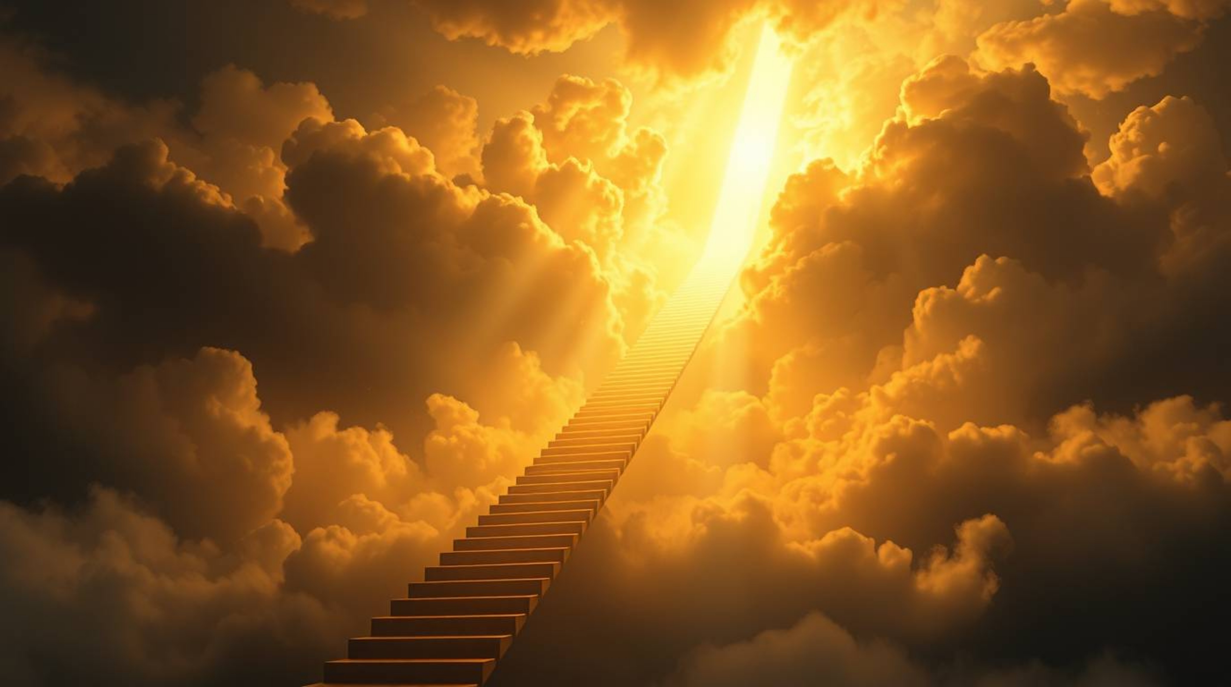 A captivating digital painting showcases a golden staircase ascending through ethereal clouds towards a radiant heaven.  Sunl
