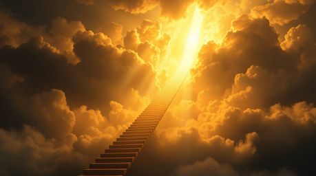 A captivating digital painting showcases a golden staircase ascending through ethereal clouds towards a radiant heaven.  Sunl