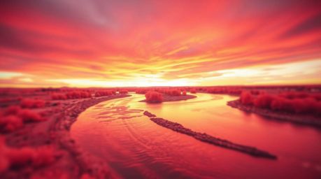 A captivating image of a winding river glowing under a dramatic orange-pink sky.  The surreal infrared tones create an otherw