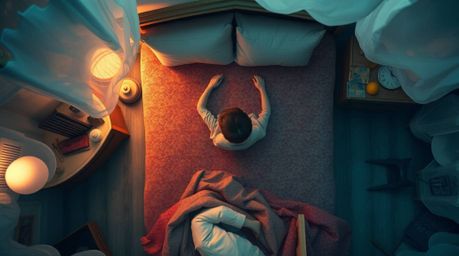 A captivating overhead shot depicts a whimsical scene of a monster under the bed forming an unlikely friendship with a child.
