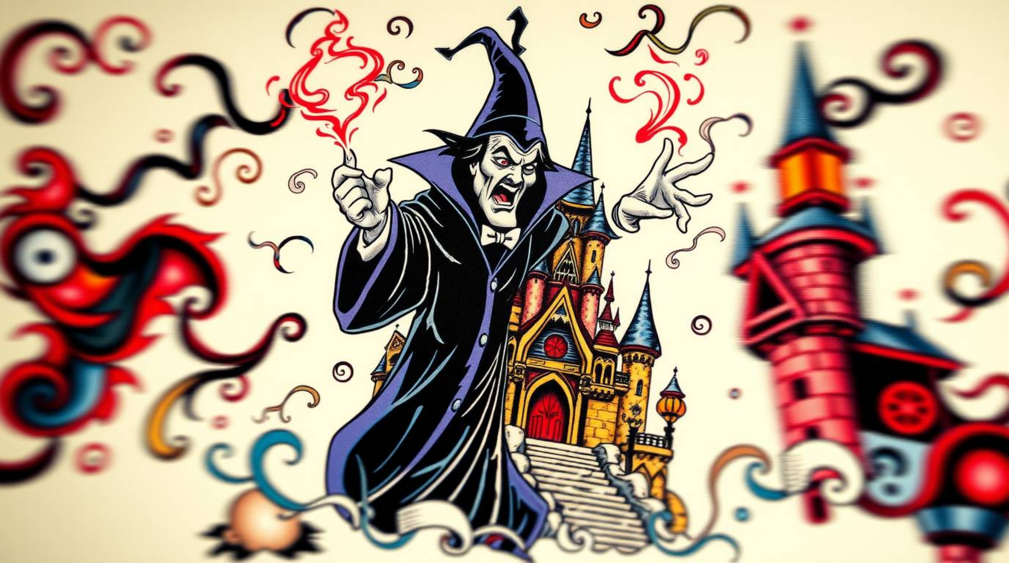This dynamic tattoo art print features a classic Disney villain conjuring a spell within the walls of an old, vibrant castle.