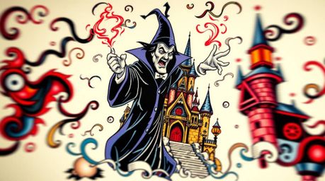 This dynamic tattoo art print features a classic Disney villain conjuring a spell within the walls of an old, vibrant castle.