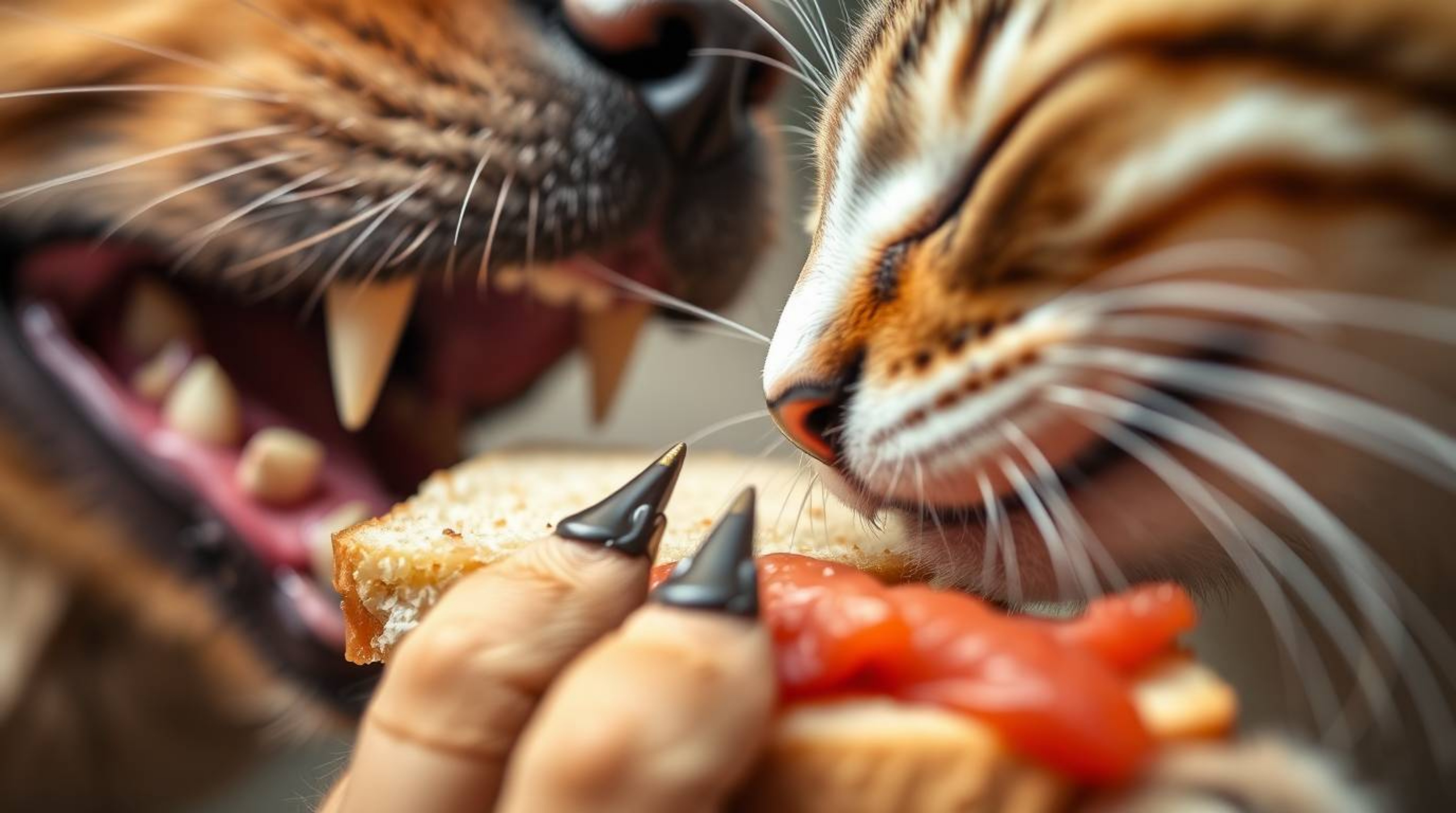 An extreme close-up macro photograph captures the intense battle between a dog and a cat over a juicy sandwich.  The image fo