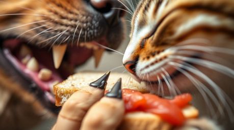 An extreme close-up macro photograph captures the intense battle between a dog and a cat over a juicy sandwich.  The image fo