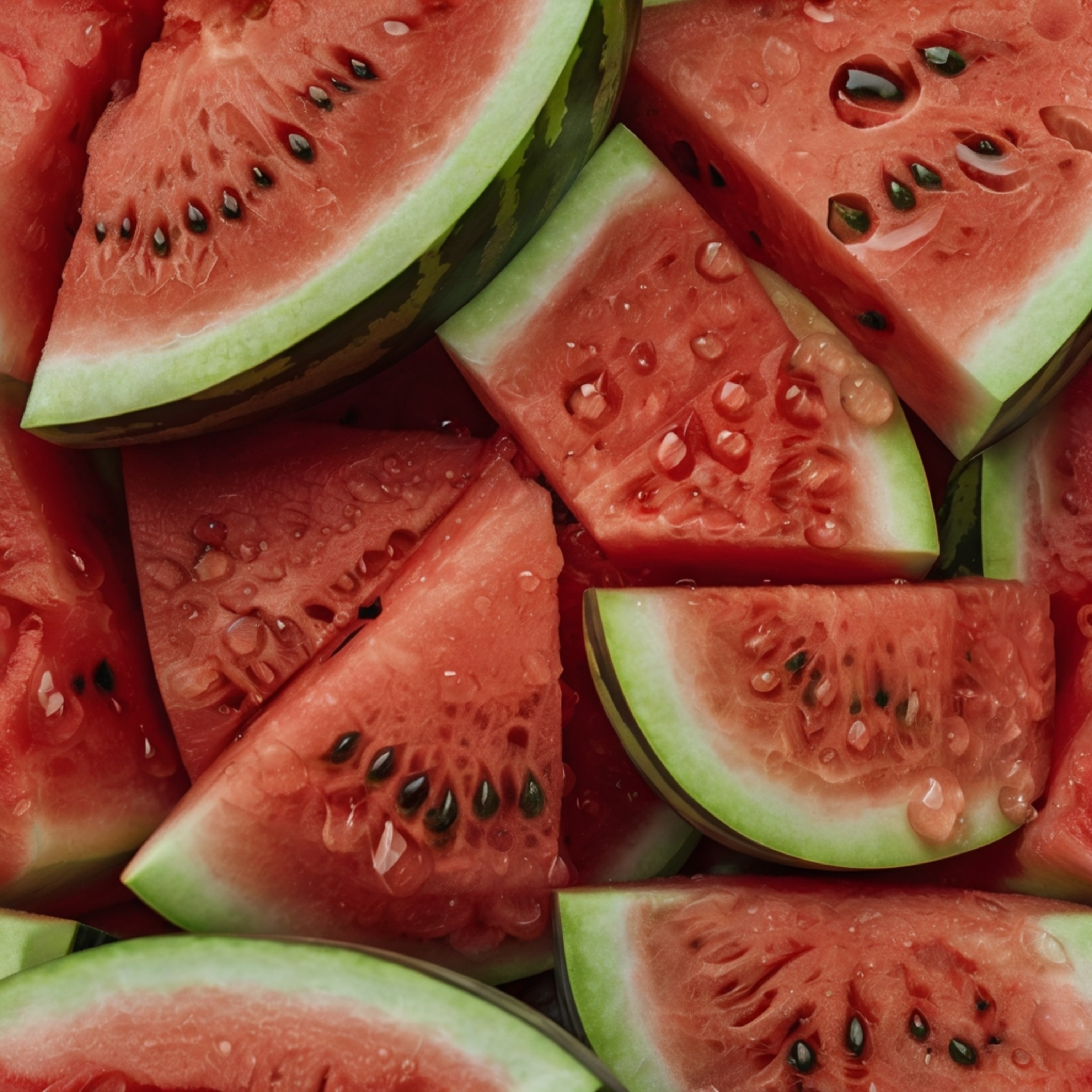 Indulge in the refreshing taste of freshly sliced watermelon, where each piece glistens with droplets of water, promising a b