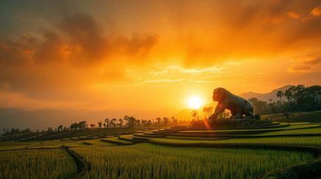 An epic bronze sculpture depicting a breathtaking sunset over rice terraces. Rendered with an antique patina finish and on a 