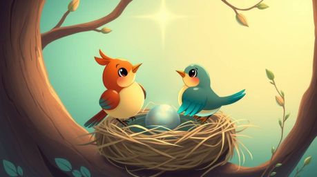 Two charming cartoon birds, rendered in a classic animation style, collaborate to build their nest. The scene evokes a mystic