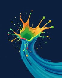 This modern flat design illustration showcases a vibrant and dynamic paint splash frozen mid-air, captured with high-speed pr
