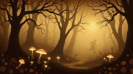 Immerse yourself in a dreamlike, surreal depiction of a vintage-style enchanted forest rendered in muted browns and beiges. T