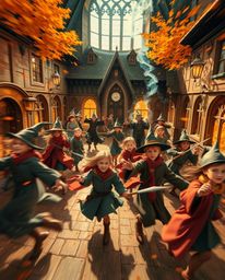 Immerse yourself in a magical school brimming with young wizards, depicted in warm autumn colors that evoke a cozy and earthy