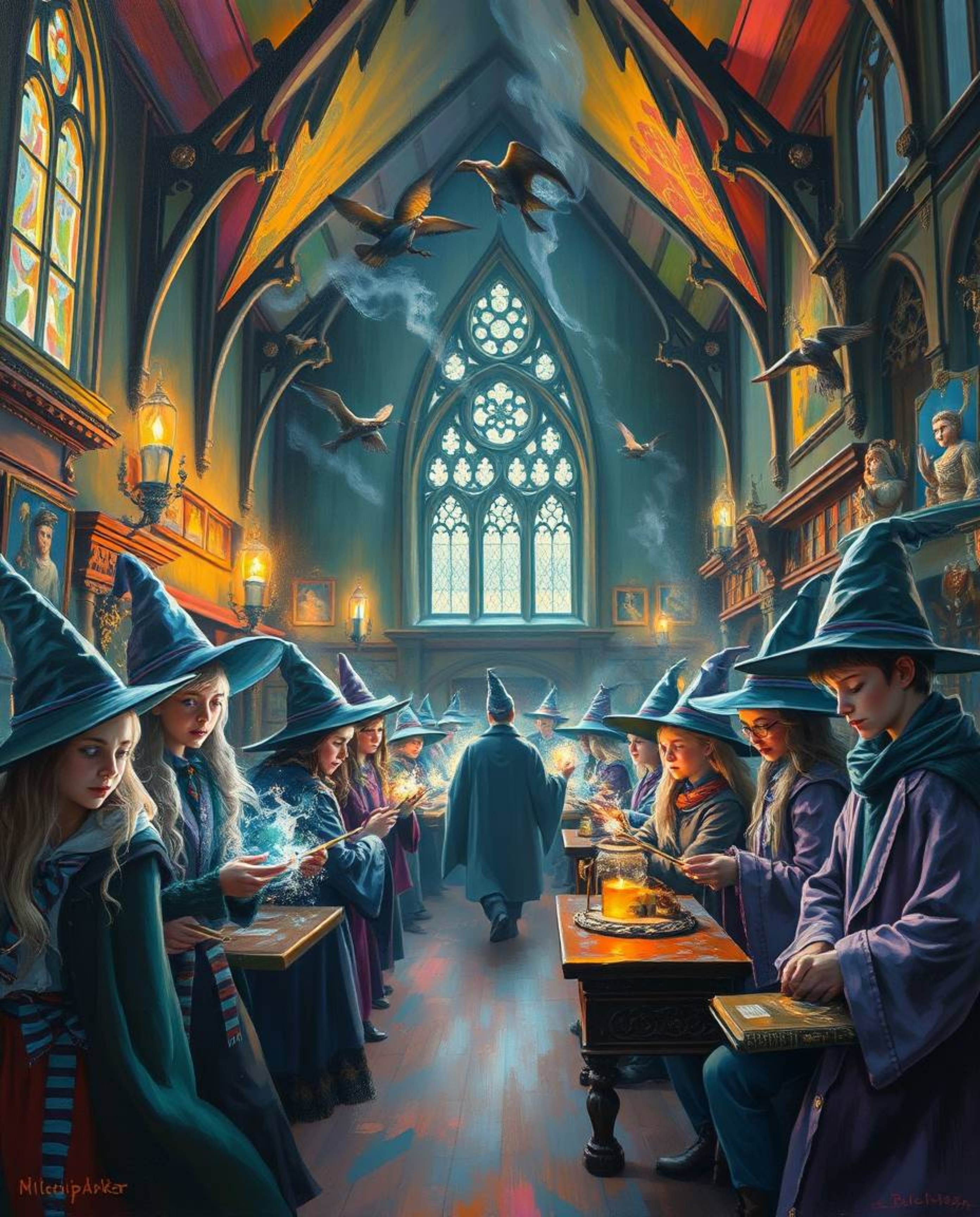 Immerse yourself in a magical school filled with young wizards, brought to life in a classic oil painting style. Electric, vi