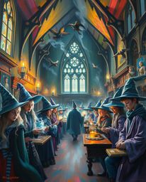 Immerse yourself in a magical school filled with young wizards, brought to life in a classic oil painting style. Electric, vi