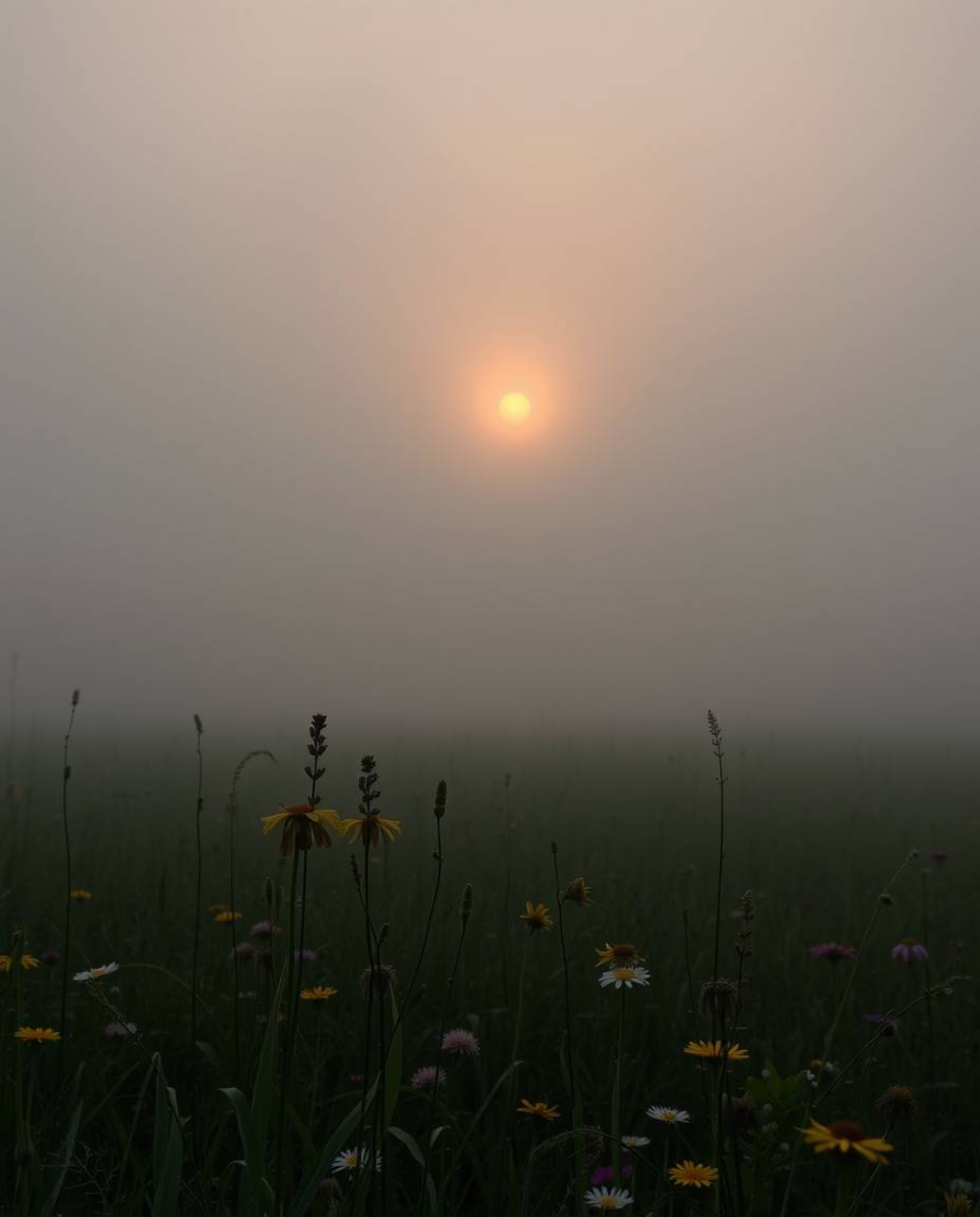 An elegant and graceful depiction captures a sunset over a spring wildflower meadow, shrouded in a thick, foggy surrounding. 