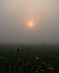 An elegant and graceful depiction captures a sunset over a spring wildflower meadow, shrouded in a thick, foggy surrounding. 