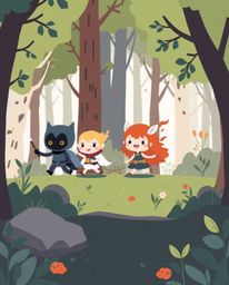This modern flat design illustrates an adorable group of friends, each possessing unique powers, on an exciting exploration t