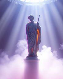 This image captures a soft, dreamy atmosphere featuring a classical sculpture with a colorful glitch effect, exploring a digi