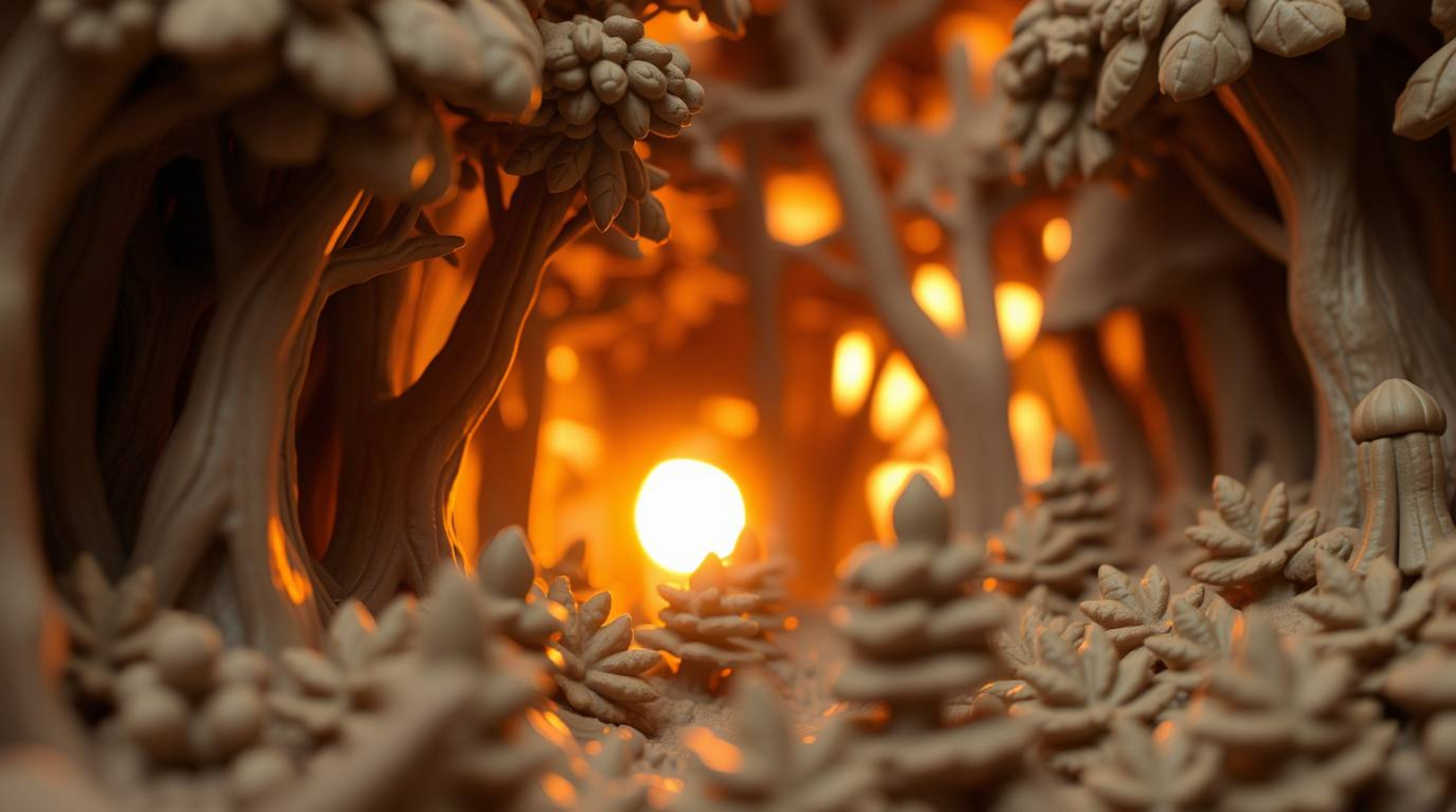A captivating close-up showcases a detailed clay sculpture depicting the ethereal beauty of sunset light filtering through a 