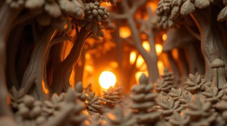 A captivating close-up showcases a detailed clay sculpture depicting the ethereal beauty of sunset light filtering through a 