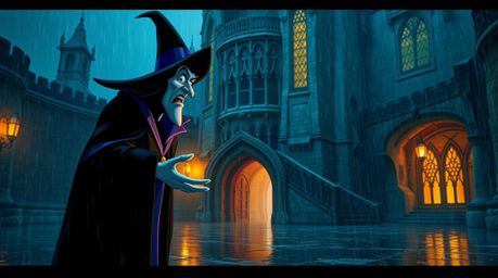 A classic Disney villain casts a powerful spell within the confines of a rain-soaked, ancient castle. Iridescent colors dance