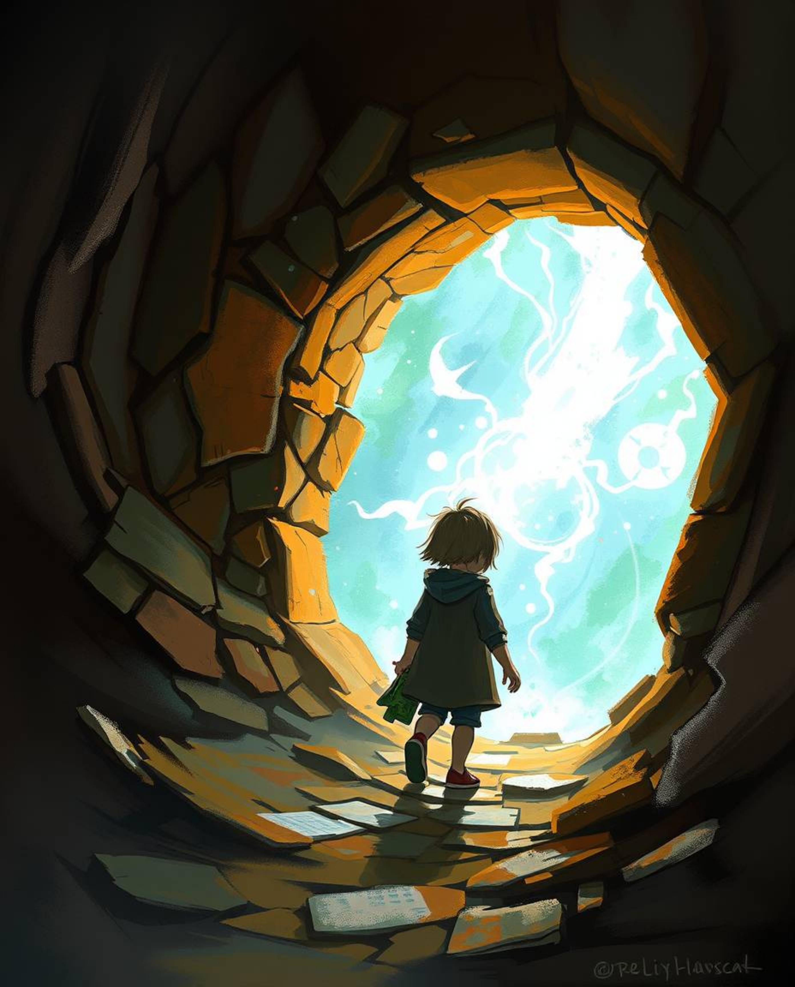 A dynamic digital sketch captures the wonder of a child discovering a magical portal in their backyard. Rich textures, comple