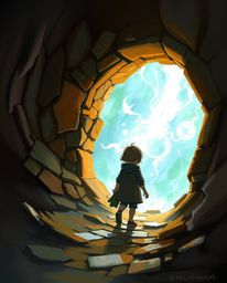 A dynamic digital sketch captures the wonder of a child discovering a magical portal in their backyard. Rich textures, comple