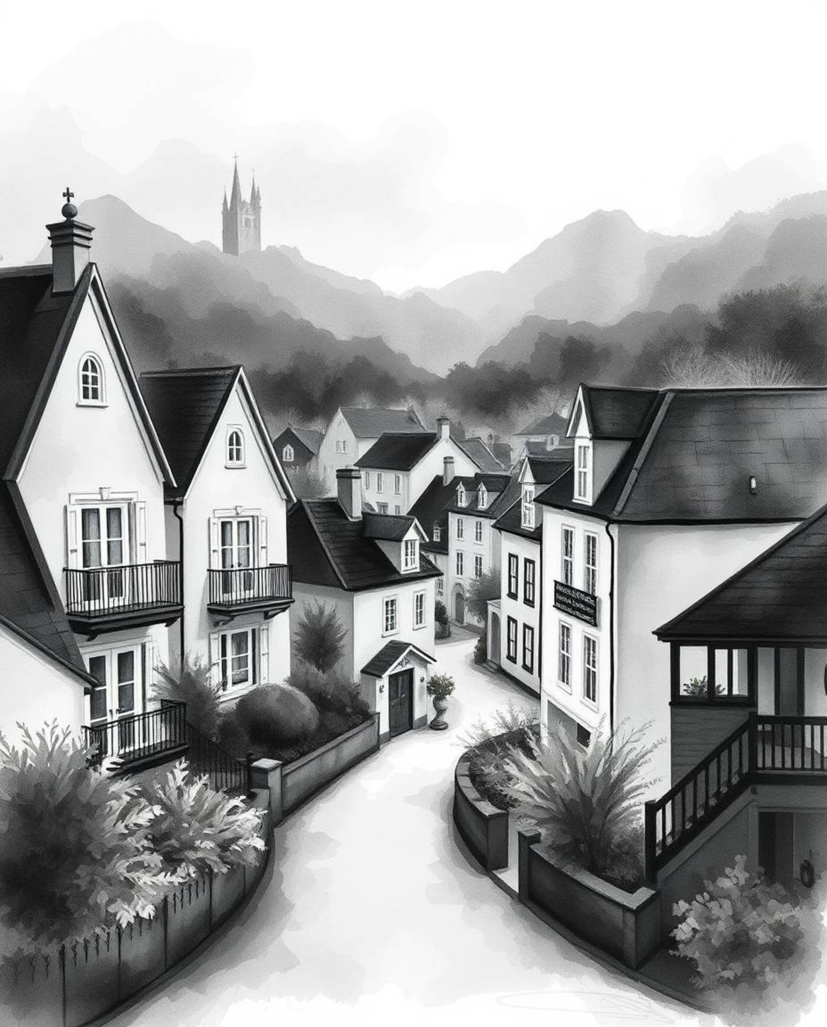 This collection features classic black and white watercolor paintings depicting a sleepy town filled with pastel-colored hous