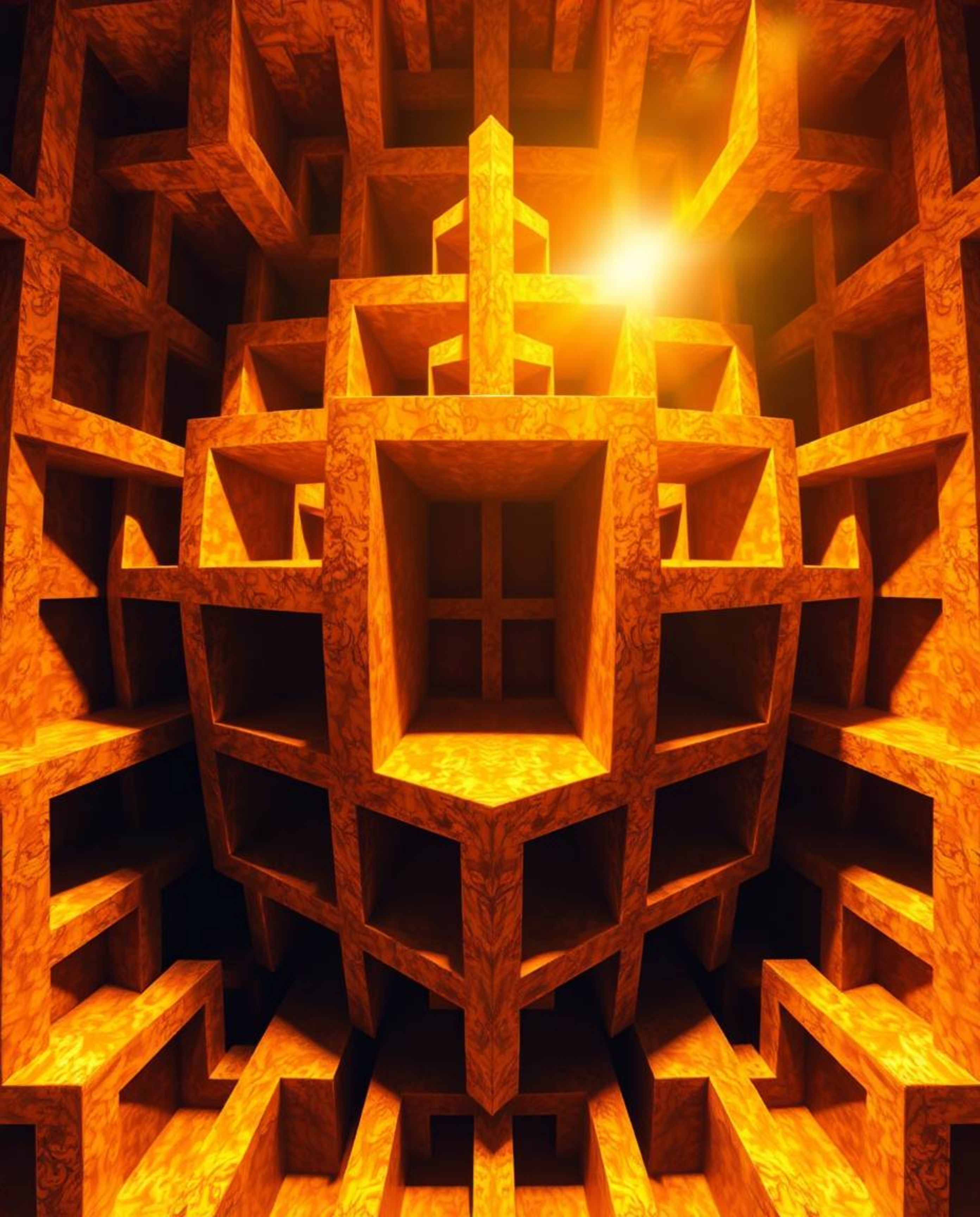 This high-resolution stock photo features a warm, golden glow illuminating an Escher-style impossible geometry of repetitive 