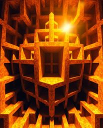This high-resolution stock photo features a warm, golden glow illuminating an Escher-style impossible geometry of repetitive 