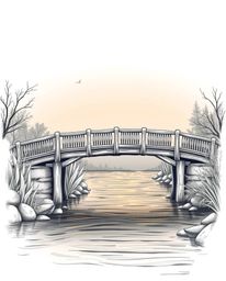 A refined and elegant illustration of an old wooden bridge over a river at sunset. This artwork emphasizes graceful lines and