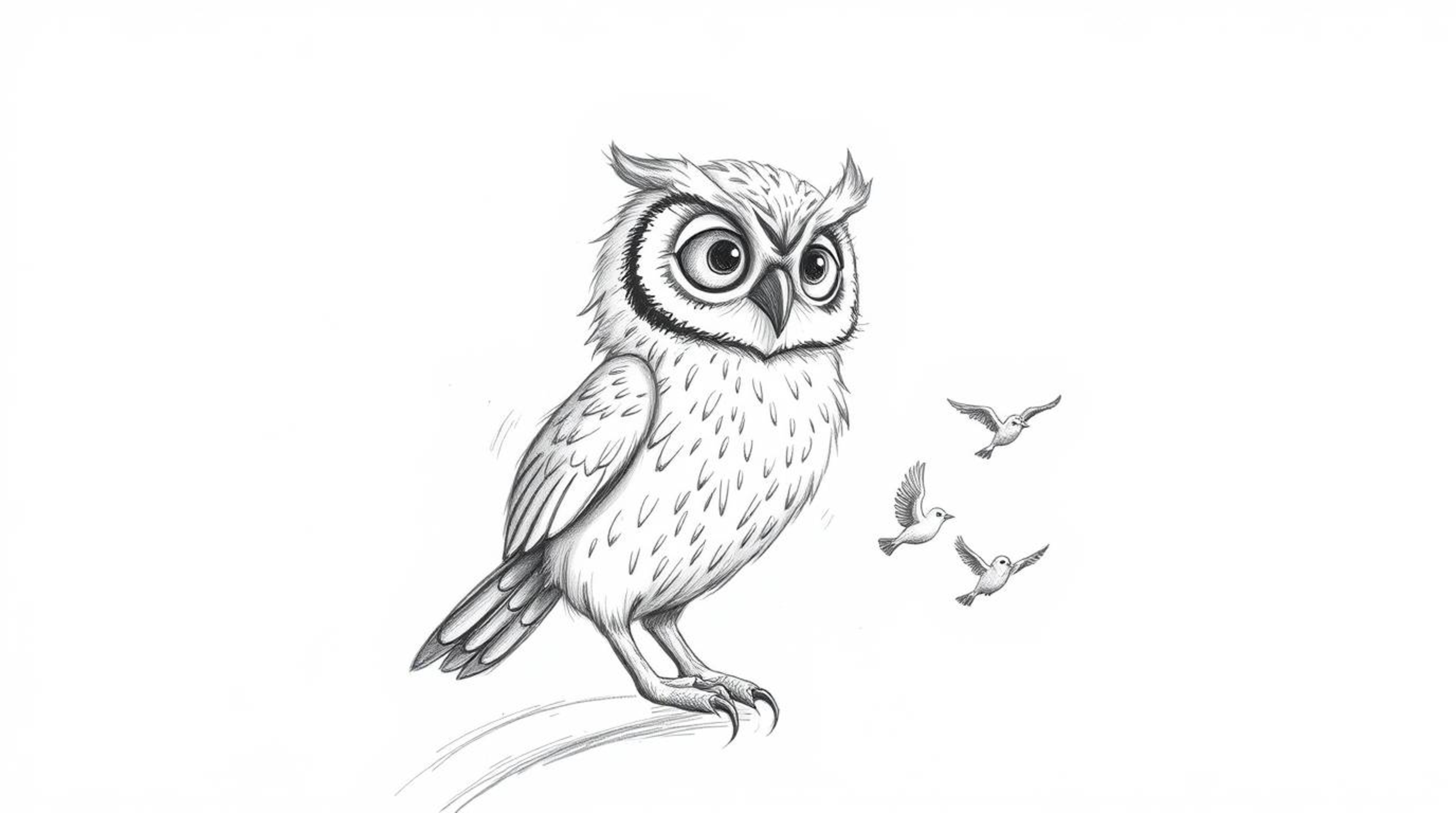 A heart-warming Pixar-style hand-drawn sketch depicting a blind owl, its feathers illuminated by a sunbeam, guiding small bir