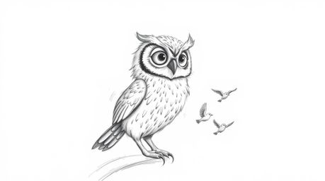 A heart-warming Pixar-style hand-drawn sketch depicting a blind owl, its feathers illuminated by a sunbeam, guiding small bir