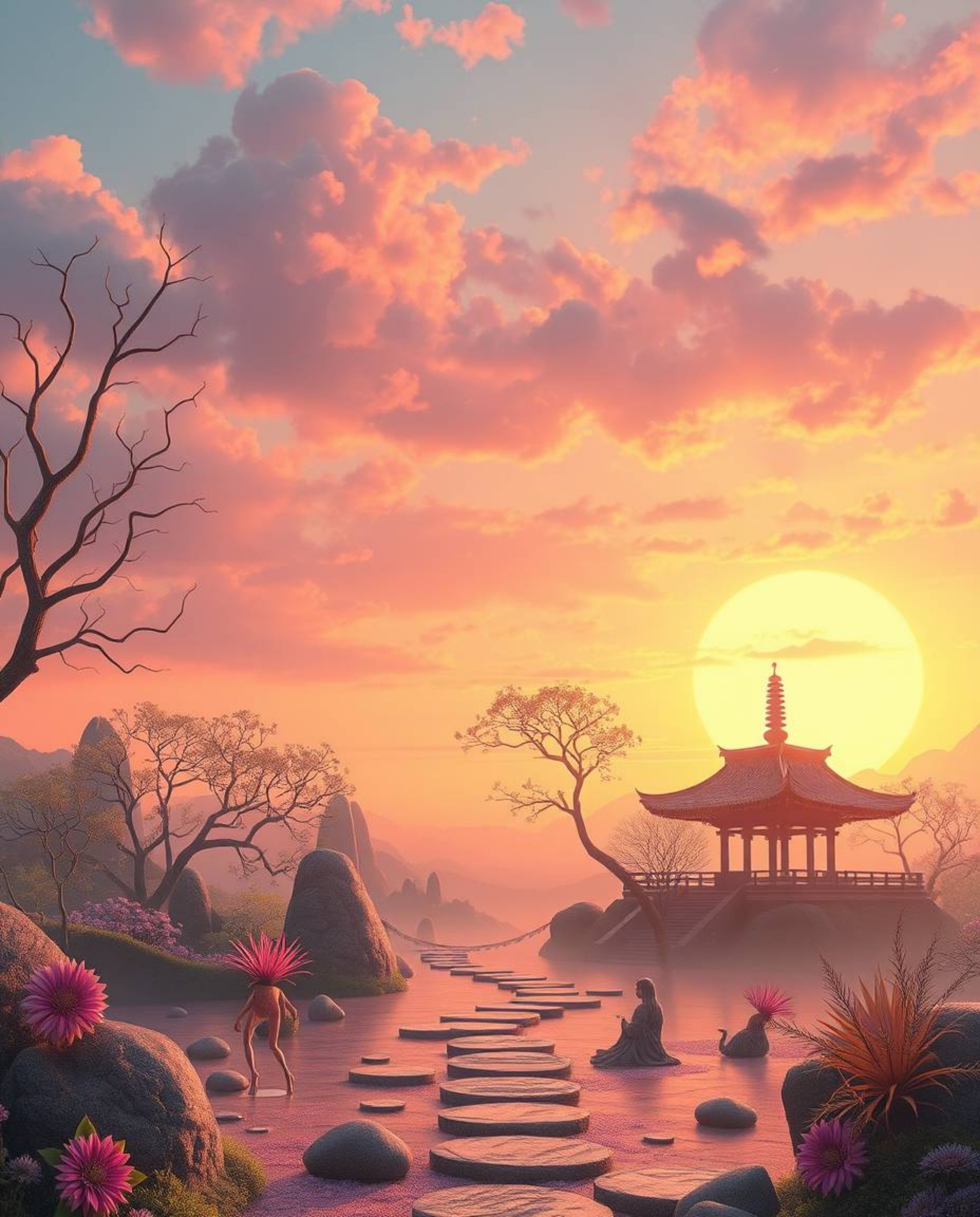 Step into a dreamlike, surreal vision of a serene Zen garden at sunset. This imagery is bathed in soft pastel colors, featuri