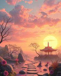 Step into a dreamlike, surreal vision of a serene Zen garden at sunset. This imagery is bathed in soft pastel colors, featuri