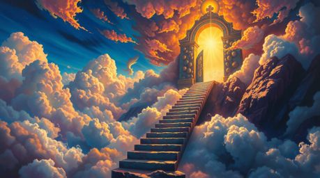A vibrant fantasy realism painting showcases a heavenly gate floating above the clouds, bathed in golden light that spills do
