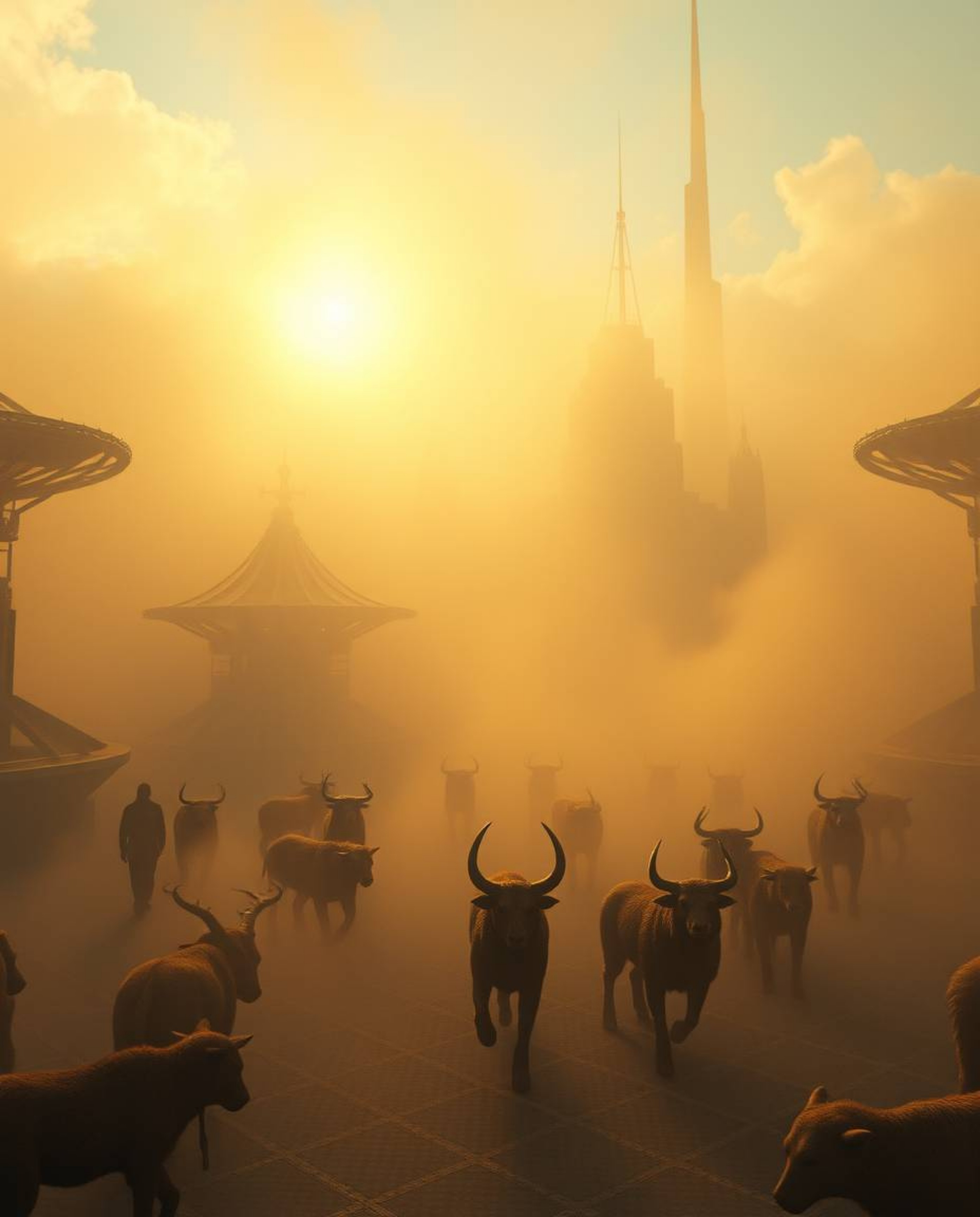 Experience a futuristic sci-fi carnival mysteriously overtaken by wild animals amidst thick fog and a warm golden glow. This 