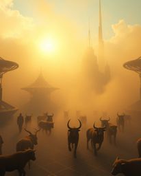 Experience a futuristic sci-fi carnival mysteriously overtaken by wild animals amidst thick fog and a warm golden glow. This 