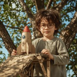 A captivating high-fashion photograph in a Pixar-esque style depicts a boy with bright, curious eyes and messy brown hair pro